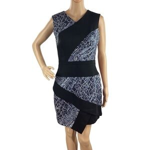 BCBGMAXAZRIA Dalia Asymmetric Draped Mini Dress Black Blue Print Size 6